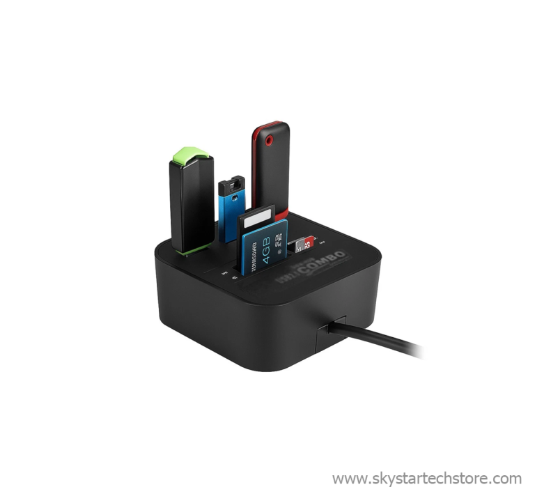 3 Port USB 2.0 Hub Micro SD TF Memory Card Reader Combo Adapter Black