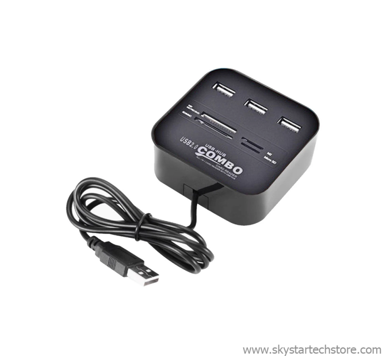 3 Port USB 2.0 Hub Micro SD TF Memory Card Reader Combo Adapter Black