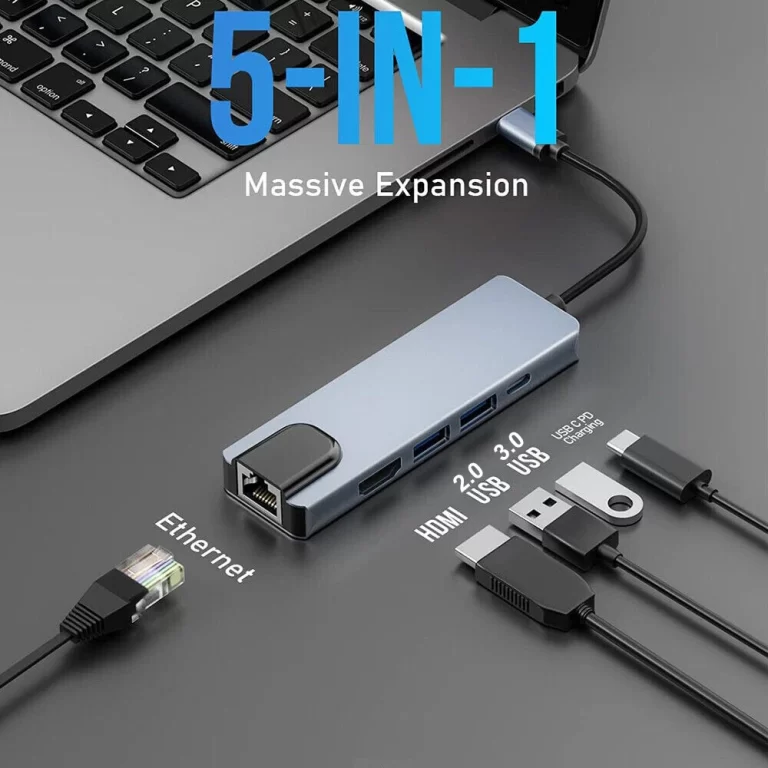 5 IN 1 Type-C to USB 3.0 Hub 4K HDMI RJ45 Ethernet Adapter for Macbook Keyboard