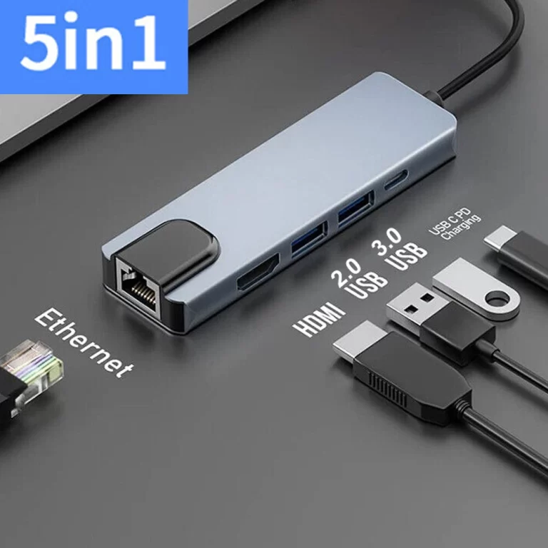 5 IN 1 Type-C to USB 3.0 Hub 4K HDMI RJ45 Ethernet Adapter for Macbook Keyboard