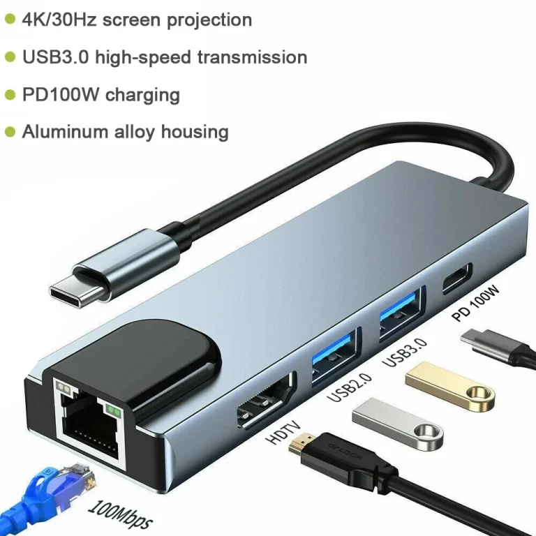 5 IN 1 Type-C to USB 3.0 Hub 4K HDMI RJ45 Ethernet Adapter for Macbook Keyboard